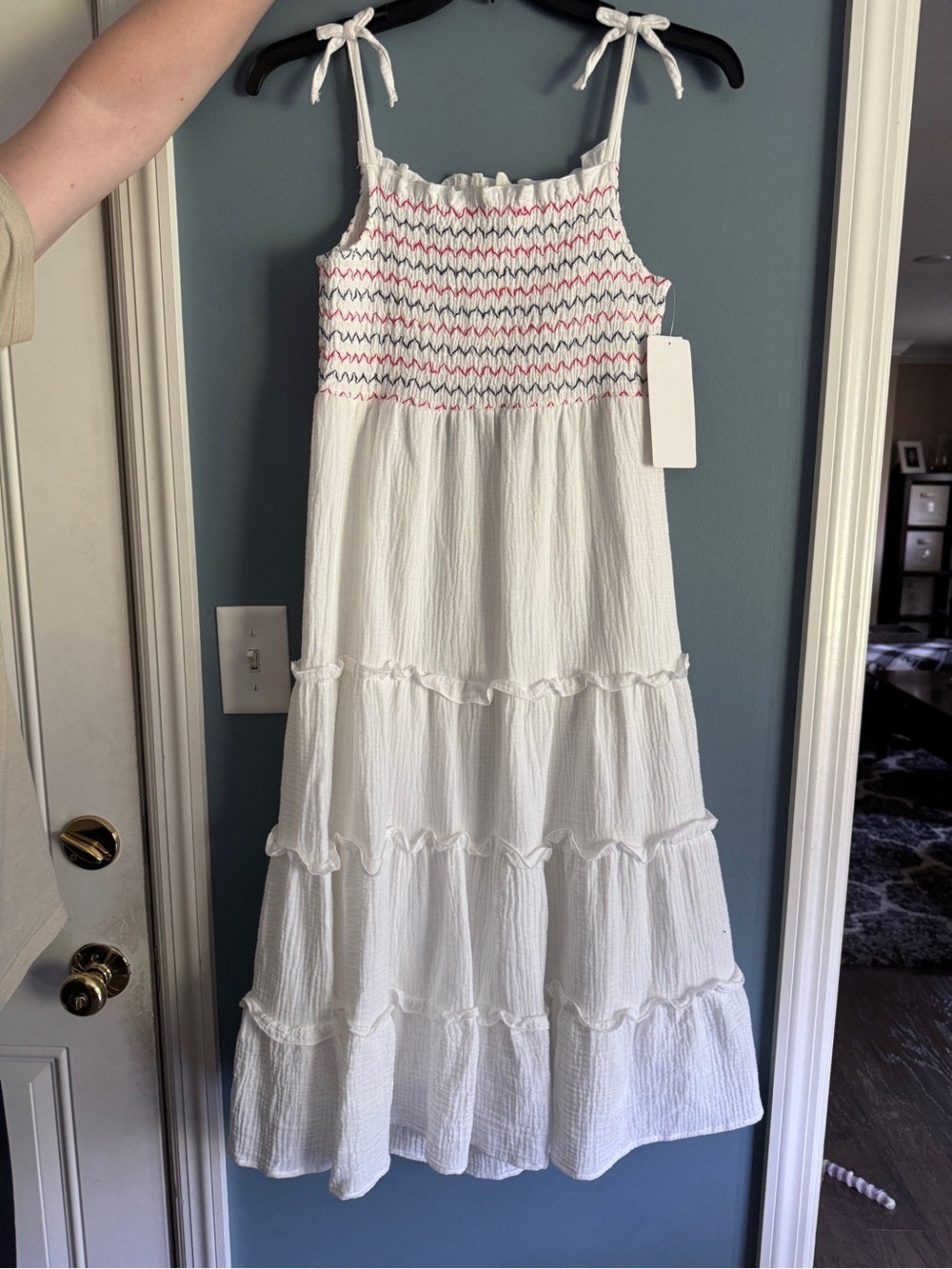 White Smocked Tiered Sundress with red Accent